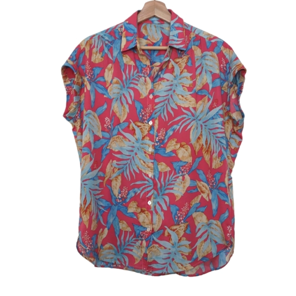 J. McLaughlin Alondra Blouse In Coral Blue Mini Norwich Leaves